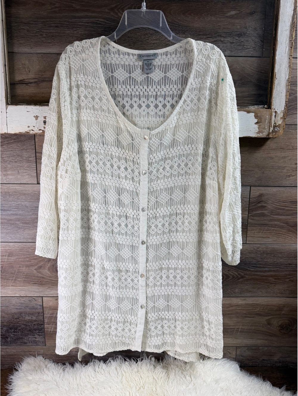 Catherines 3X Ivory Lace Button Front Cardigan Sheer Boho 3/4 Sleeve Plus Size